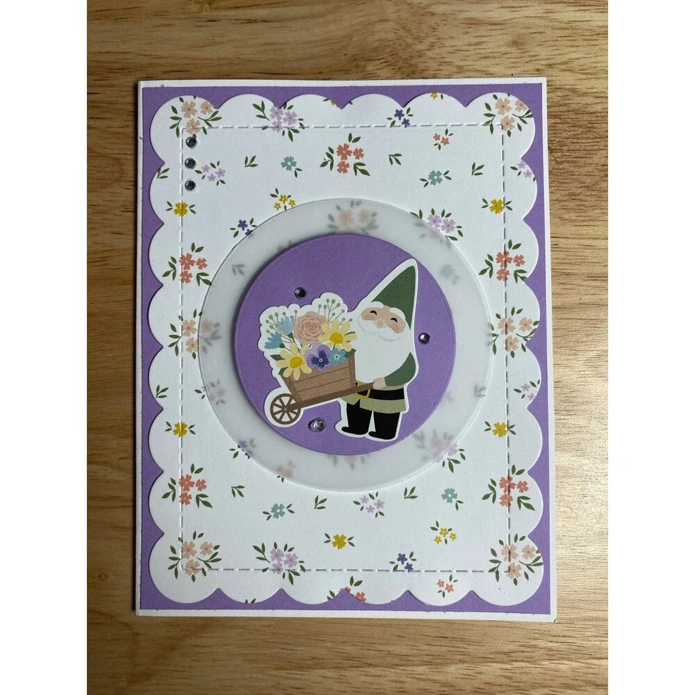 Handmade Spring Greeting Card A2 Floral Gnome Card Blank Inside w/ Envelope